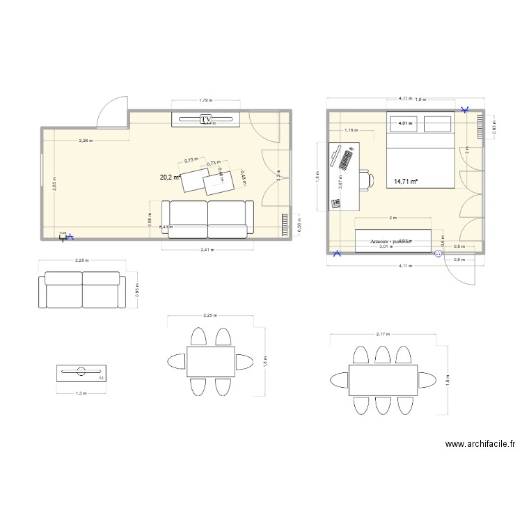 Plantaz 20 - Chambre Master et Salon. Plan de 2 pièces et 35 m2