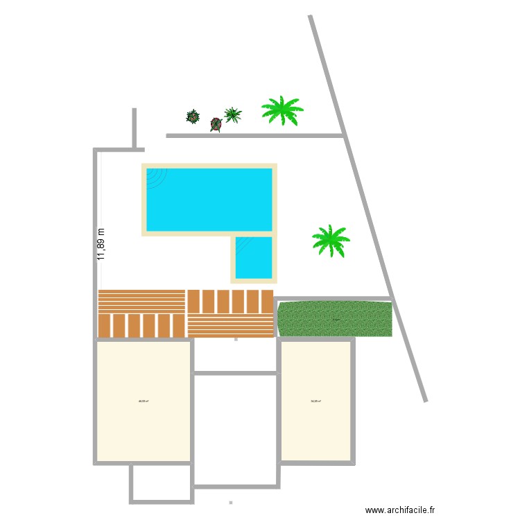 terrasse piscine maison. Plan de 2 pièces et 80 m2