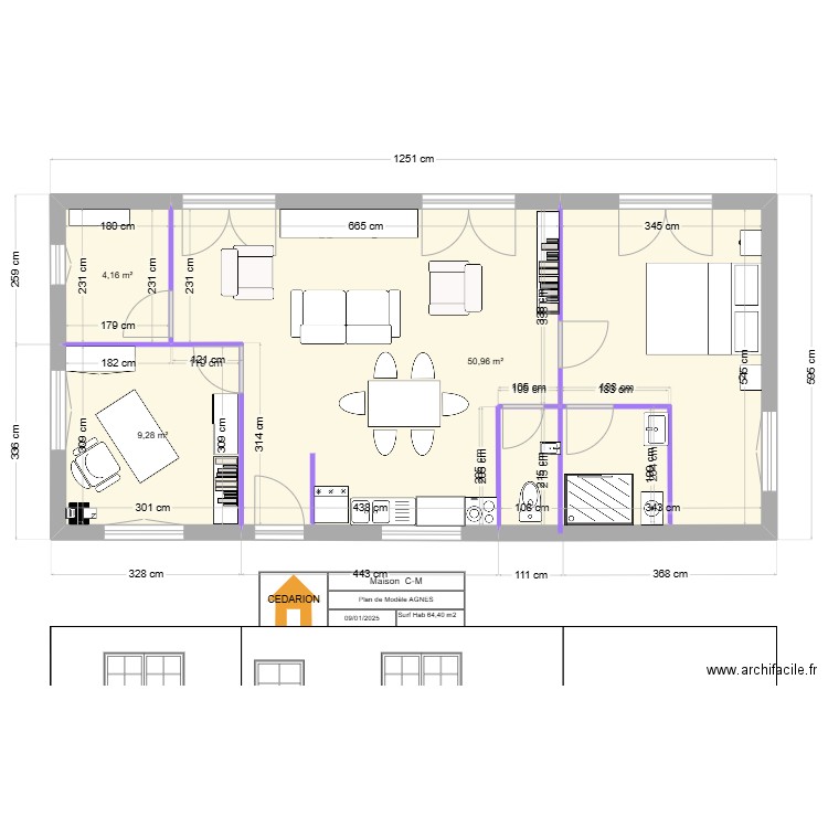 Modele AGNES. Plan de 3 pièces et 64 m2