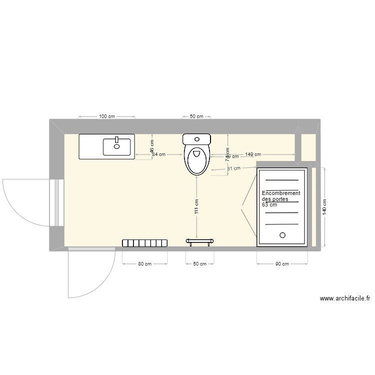 Salle de bain suite parentale - avril 2024. Plan de 3 pièces et 9 m2
