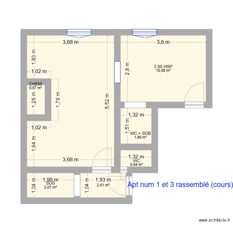 1er rassemblé. Plan de 7 pièces et 37 m2