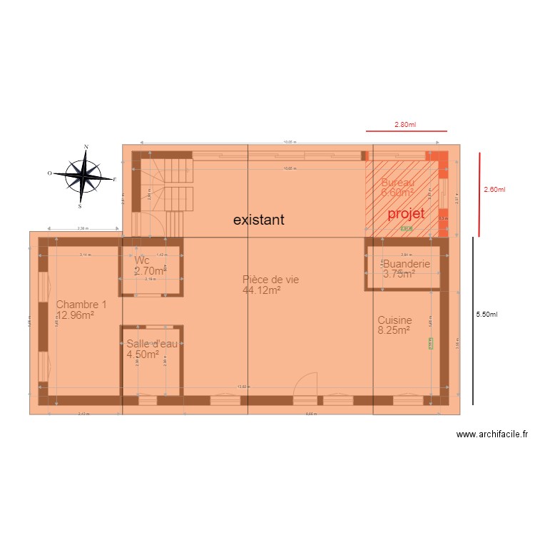 Dan  projet bureau. Plan de 3 pièces et 11 m2