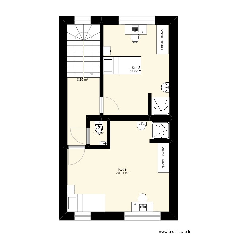 Fort 42 - 3ème étage. Plan de 4 pièces et 45 m2