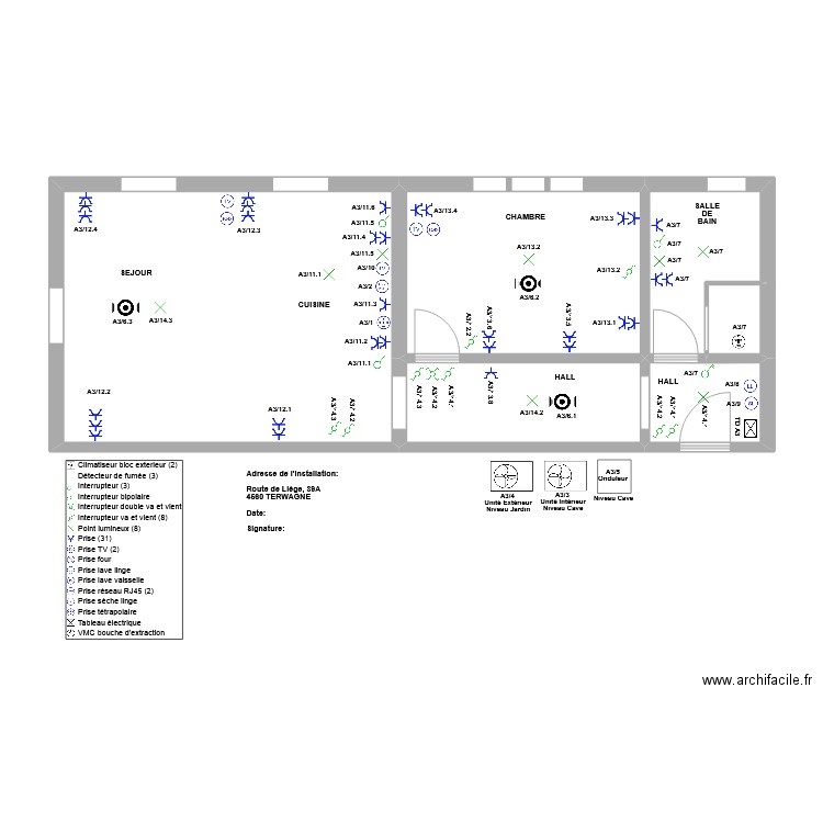 Appartement A3. Plan de 6 pièces et 54 m2