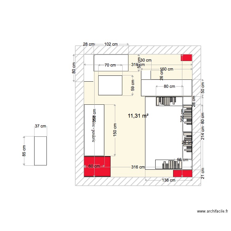 chambre Alex. Plan de 1 pièce et 11 m2