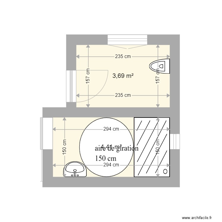 salle de bain proposition 2. Plan de 2 pièces et 8 m2