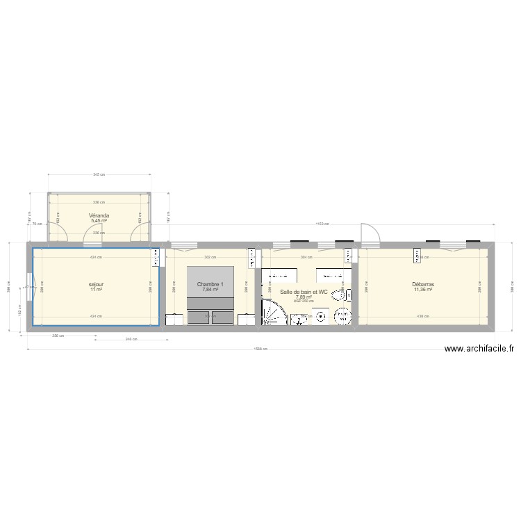 bel oeil plan actuel modifié. Plan de 5 pièces et 44 m2