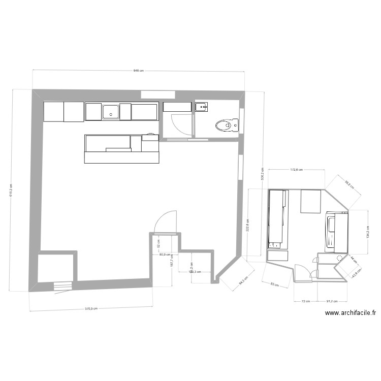 extension version comptoirs. Plan de 3 pièces et 37 m2