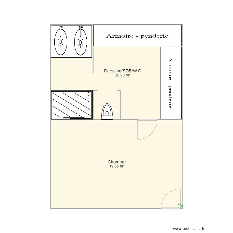 NB Réno - Chb/dress/sdb/w.c RDC. Plan de 2 pièces et 41 m2