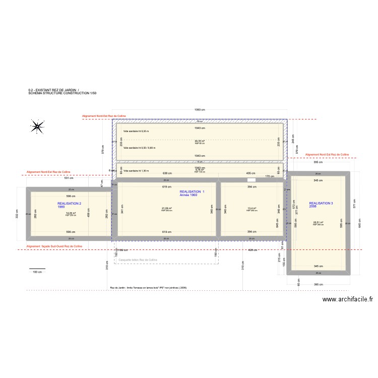 0.2 -EXISTANT REZ DE JARDIN / SCHEMA STRUCTURE CONSTRUCTION 1/50. Plan de 6 pièces et 103 m2