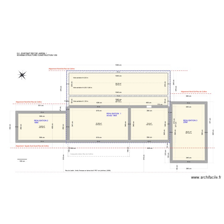 0.2 -EXISTANT REZ DE JARDIN / SCHEMA STRUCTURE CONSTRUCTION 1/50. Plan de 0 pièce et 0 m2