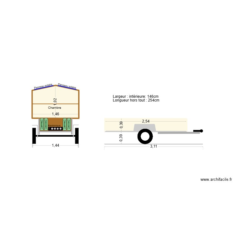 Ma remorque 02. Plan de 3 pièces et 2 m2