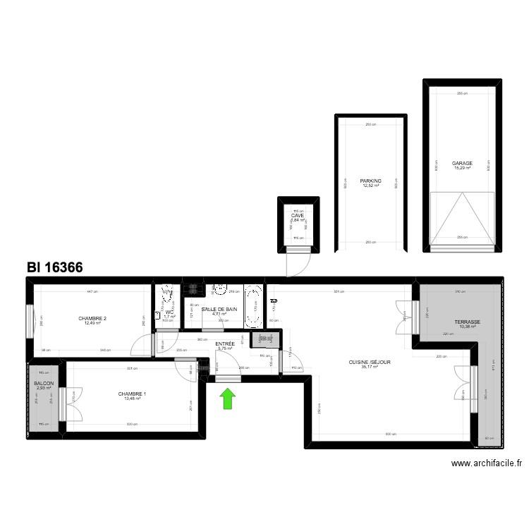 BI 16366. Plan de 14 pièces et 117 m2