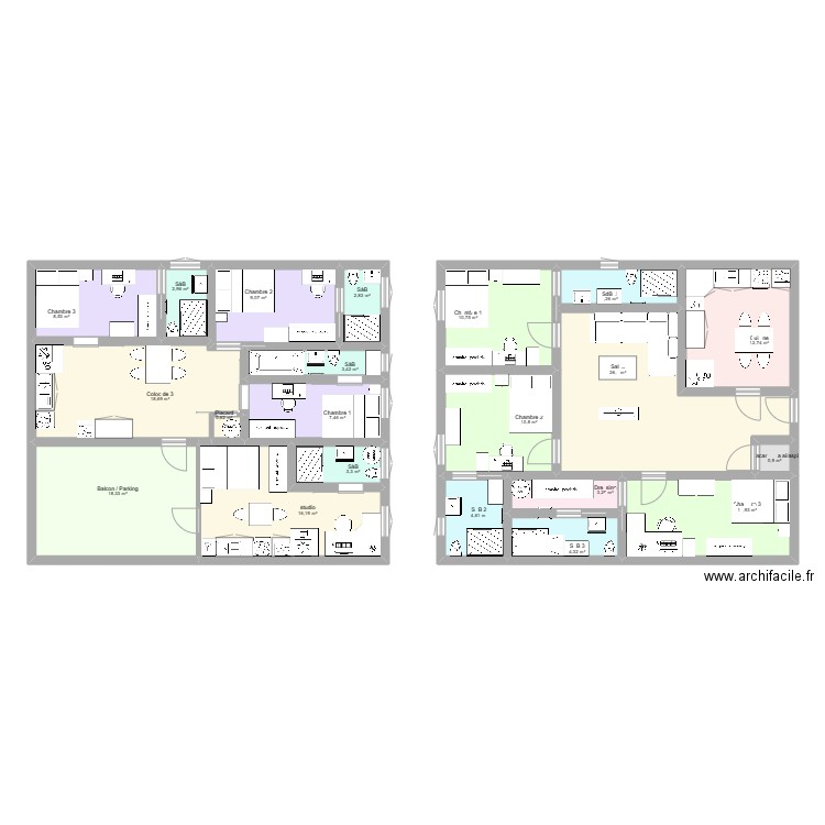 coloc à 3 de 60m² + studio de 20m². Plan de 21 pièces et 183 m2