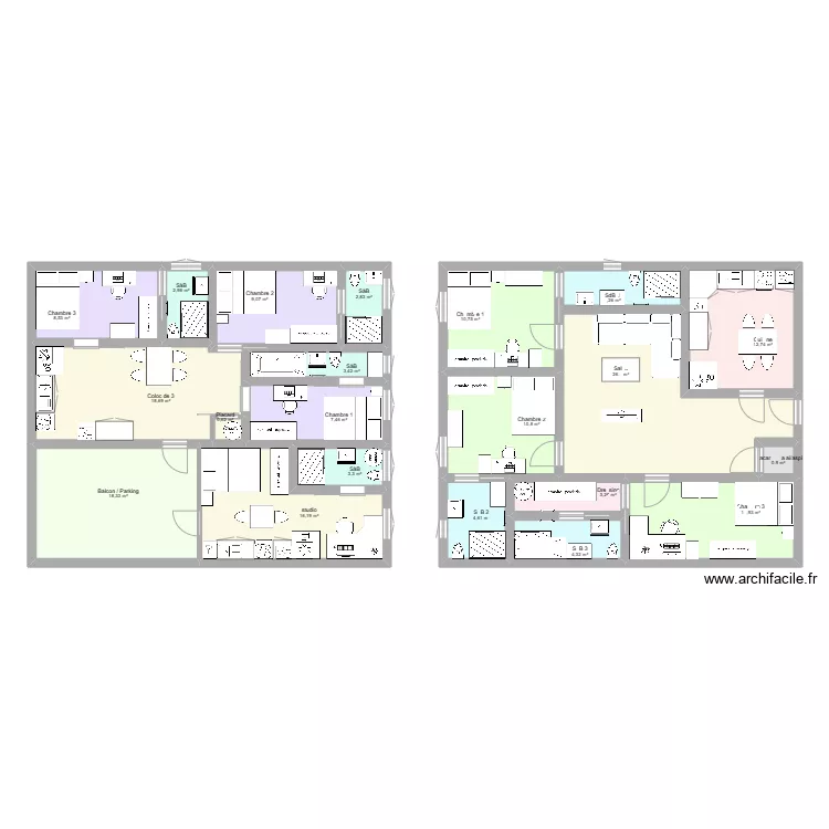 coloc &agrave; 3 de 60m&sup2; + studio de 20m&sup2;. Plan de 