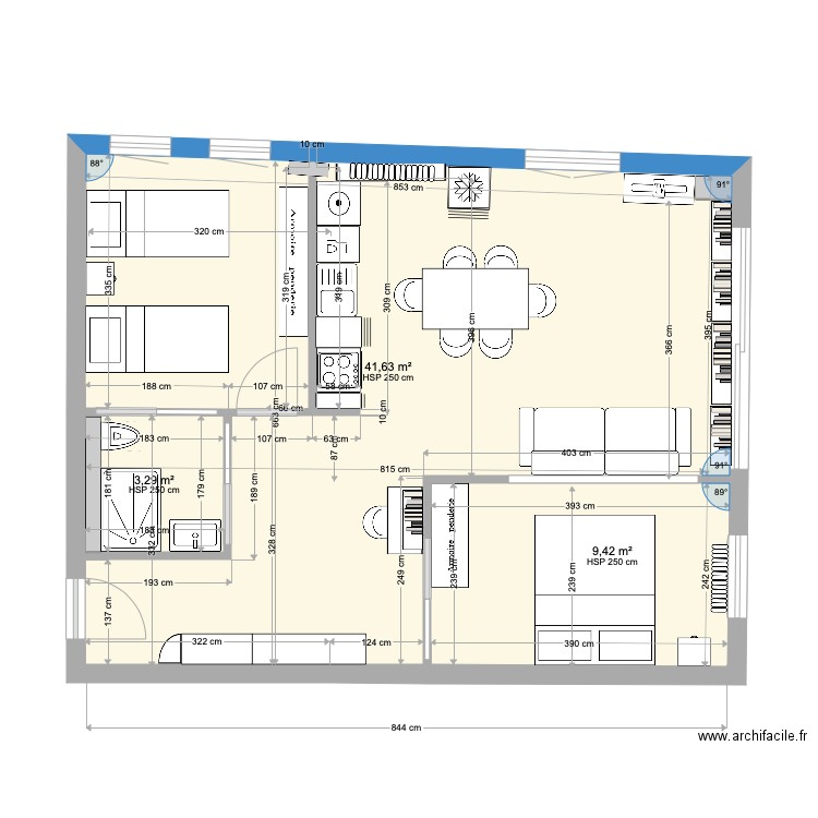 La roche projet 1. Plan de 3 pièces et 54 m2