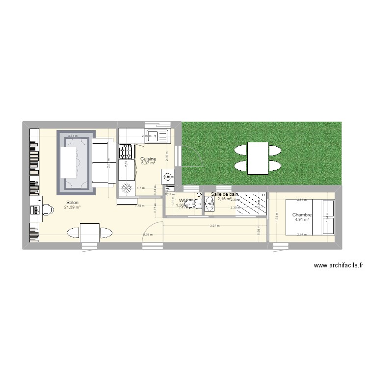 Container 40 + 20 essai. Plan de 5 pièces et 35 m2