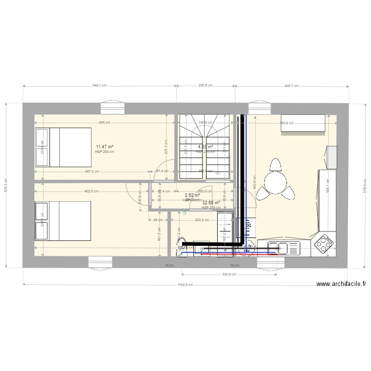 1 etage installation plomberie. Plan de 4 pièces et 51 m2
