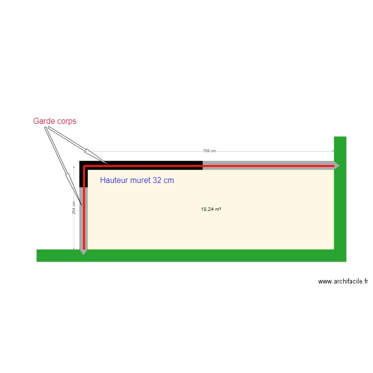 garde corps. Plan de 1 pièce et 18 m2