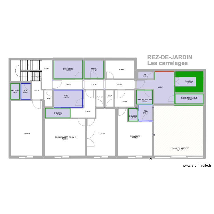 REZ-DE-JARDIN Les carrelages. Plan de 29 pièces et 173 m2