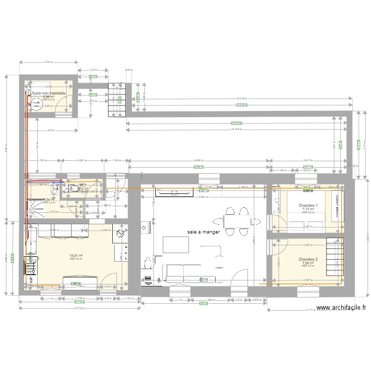 maison 34. Plan de 6 pièces et 39 m2