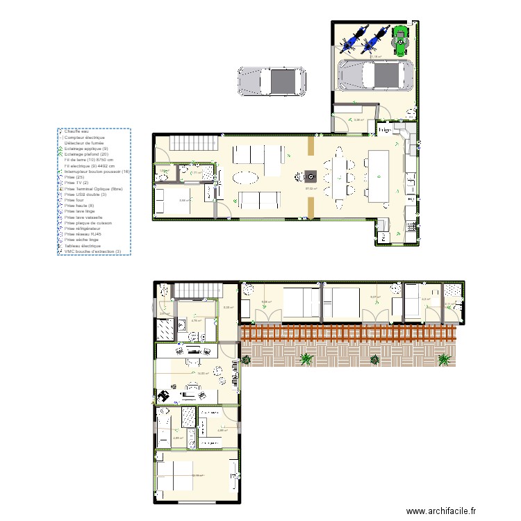 Maison container. Plan de 17 pièces et 164 m2