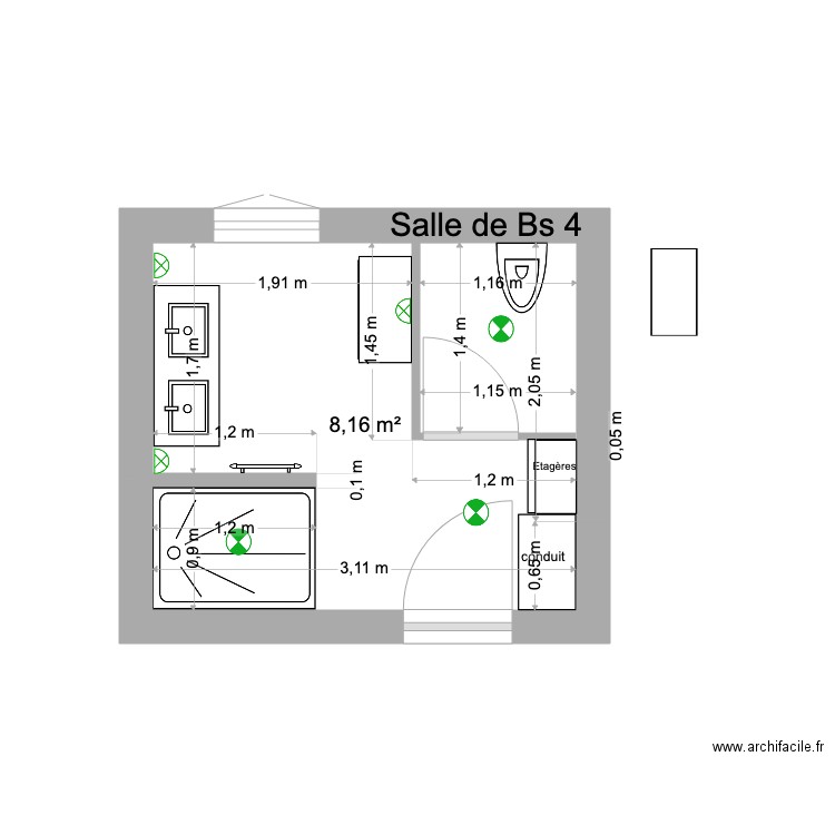 salle de bains chambre 4. Plan de 1 pièce et 8 m2