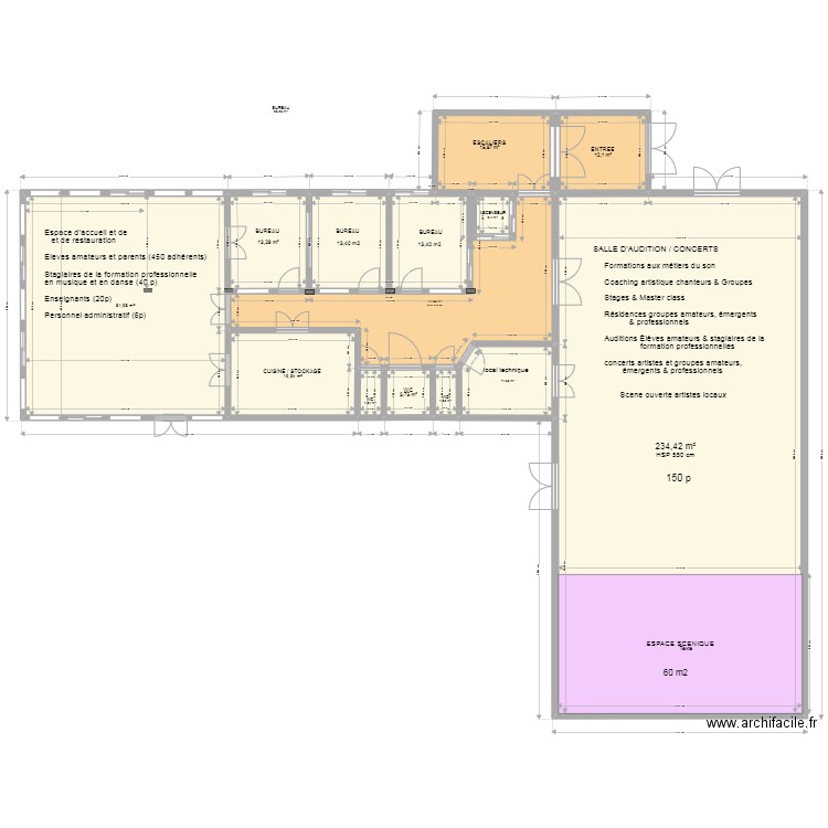 RC et SALLE AUDITION IMPULSE maj 21-06-22. Plan de 13 pièces et 466 m2