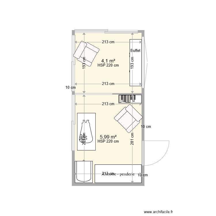 Véranda en chambre avec meubles. Plan de 2 pièces et 10 m2