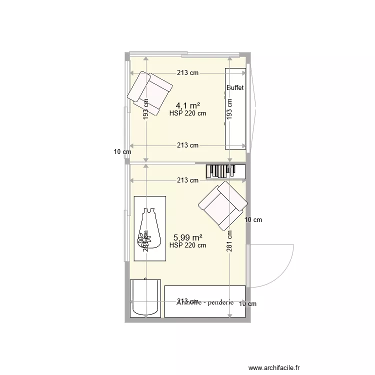 V&eacute;randa en chambre avec meubles. Plan de 