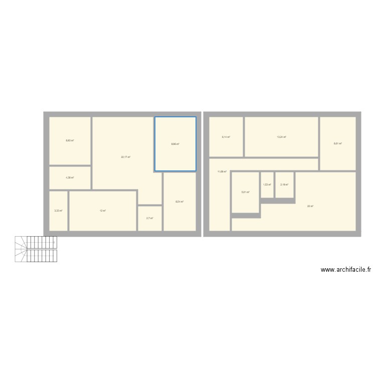 Courvoisier . Plan de 16 pièces et 142 m2