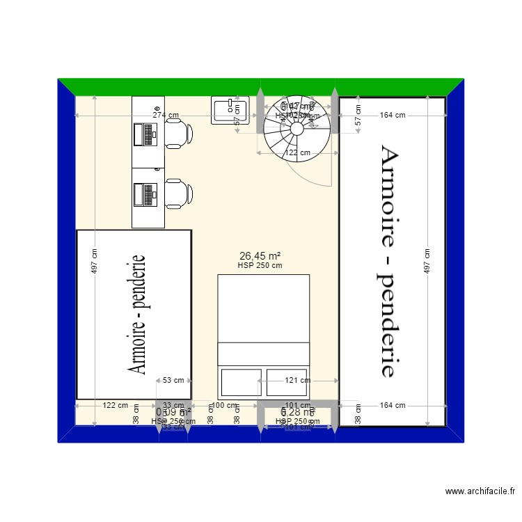 Situation souhaitée combles. Plan de 4 pièces et 27 m2