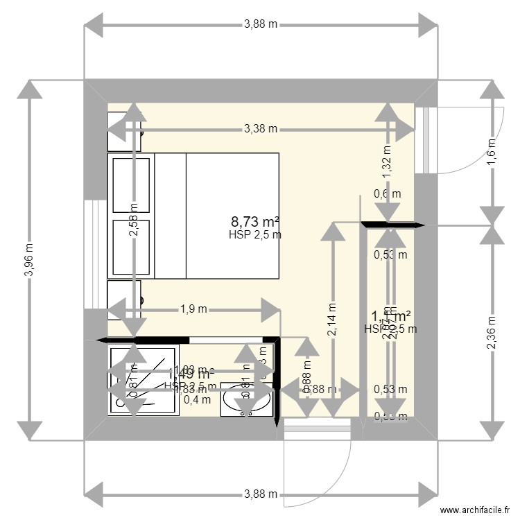 chambre parents. Plan de 3 pièces et 11 m2