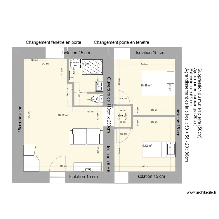 plan nouveau avec isolation et pièces. Plan de 4 pièces et 50 m2