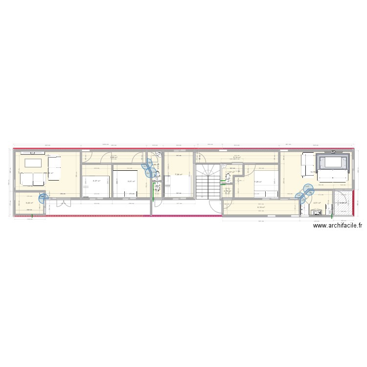 RDC. Plan de 17 pièces et 85 m2