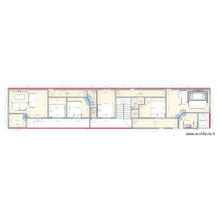 RDC. Plan de 16 pièces et 88 m2