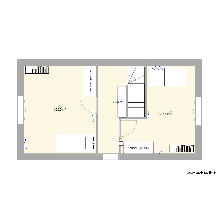 ETAGE . Plan de 3 pièces et 35 m2