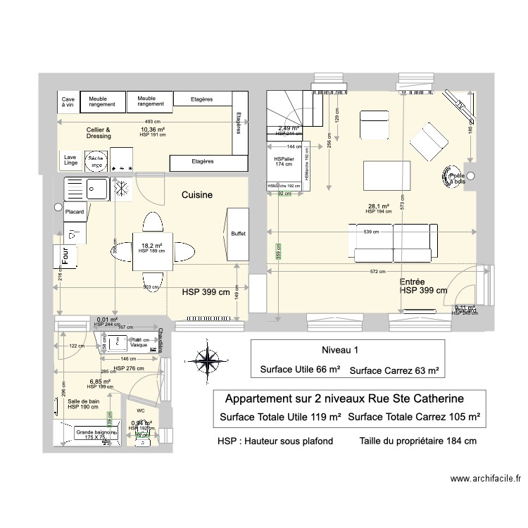 Appartement  sur 2 niveaux Ste Catherine avec côtes. Plan de 25 pièces et 201 m2