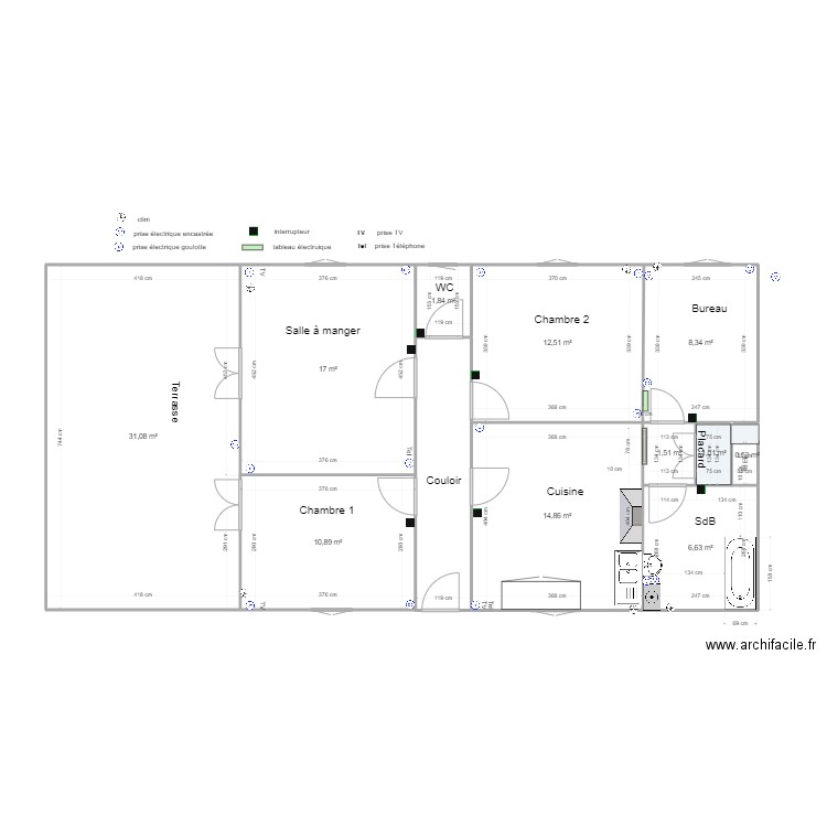 Tignet Terrasse - Chambre 1 - Salle à manger -Chambre 2 - cuisine - SDB - Bureau. Plan de 11 pièces et 106 m2