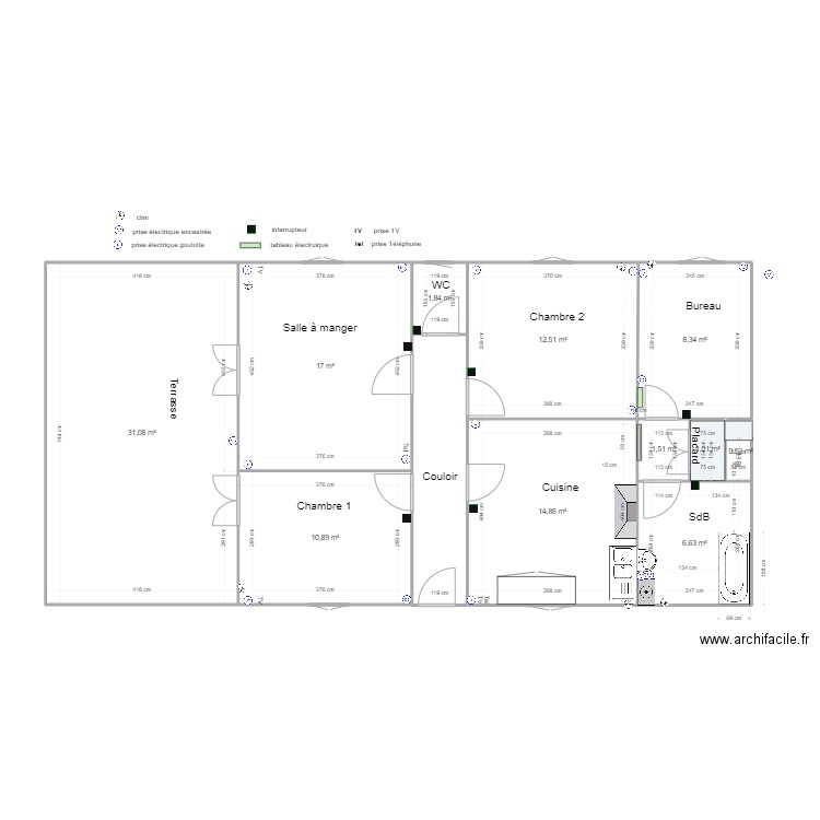 Tignet Terrasse - Chambre 1 - Salle à manger -Chambre 2 - cuisine - SDB - Bureau. Plan de 0 pièce et 0 m2