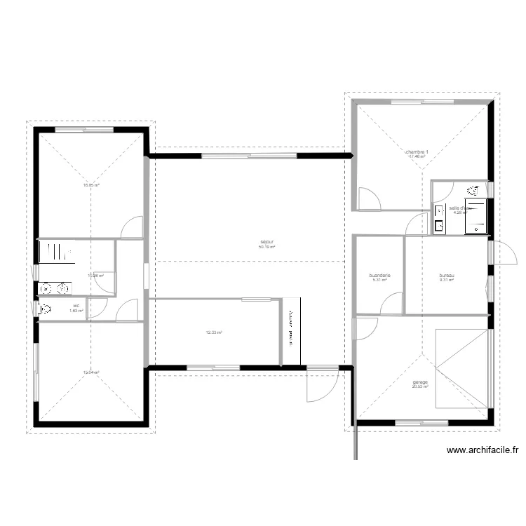 toiture maison en H. Plan de 