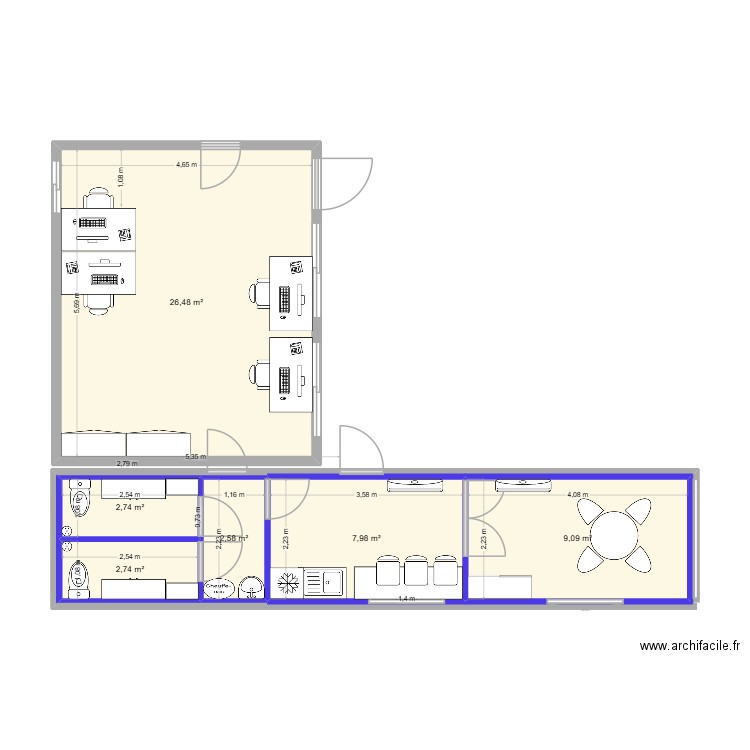 amenagement container rouge2. Plan de 6 pièces et 52 m2
