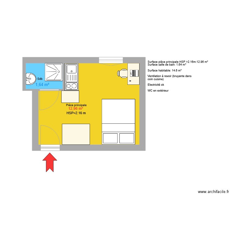 Plan dérogation 11 Courbet studio 2 NANTES. Plan de 2 pièces et 15 m2