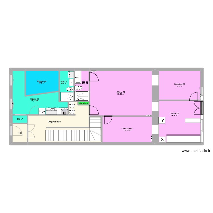 Rez de Chaussée. Plan de 12 pièces et 104 m2