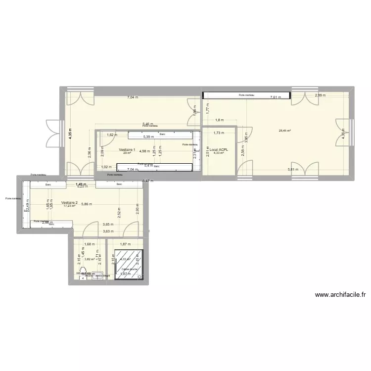 Vestiaire gym Projet 1. Plan de 6 Pièces et 87 m² Vestiaire gym Projet 1. Plan de 6 Pièces et 87 m²