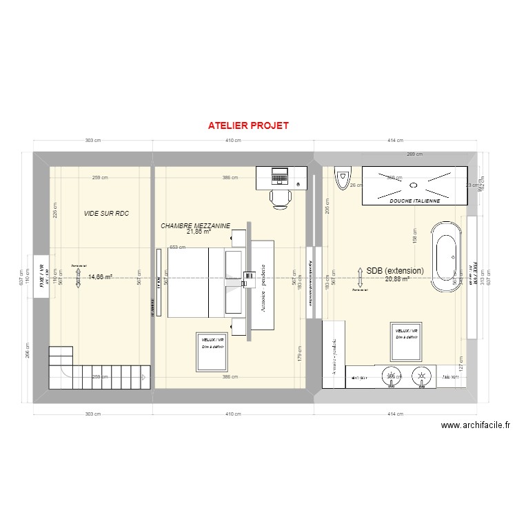 GOURSAT - R+1 Atelier PROJET. Plan de 3 pièces et 57 m2