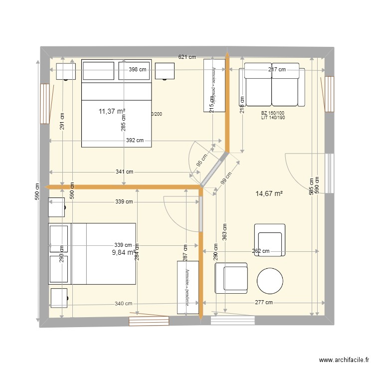 petite maison P-58. Plan de 3 pièces et 36 m2