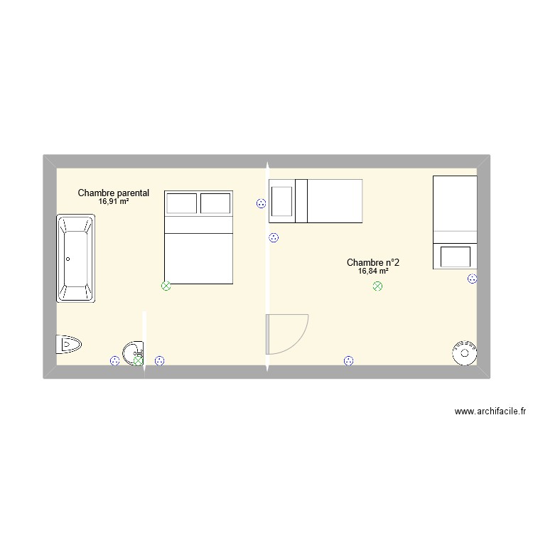 Etage : éclairage et prises. Plan de 2 pièces et 34 m2