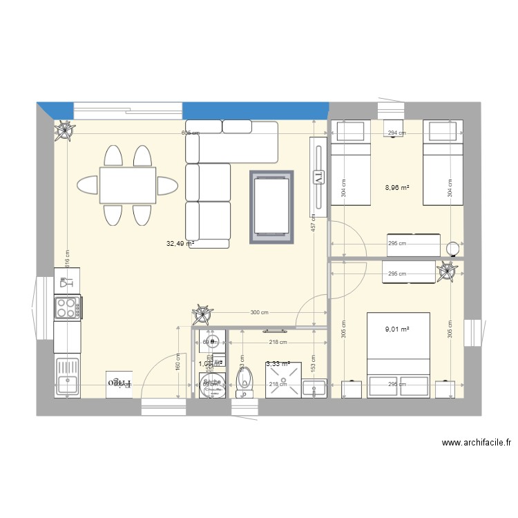 mobil home. Plan de 5 pièces et 55 m2