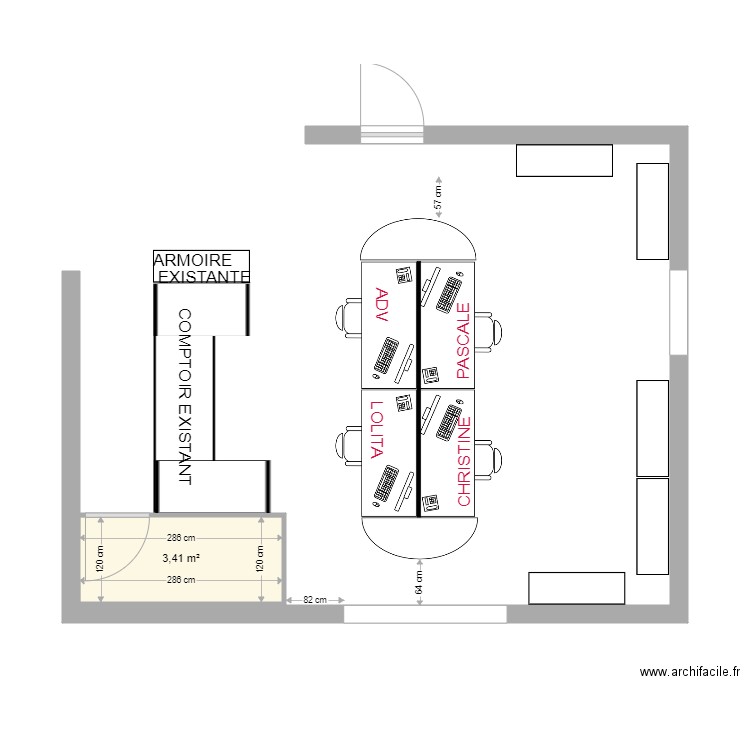 bureau acceuil. Plan de 1 pièce et 3 m2